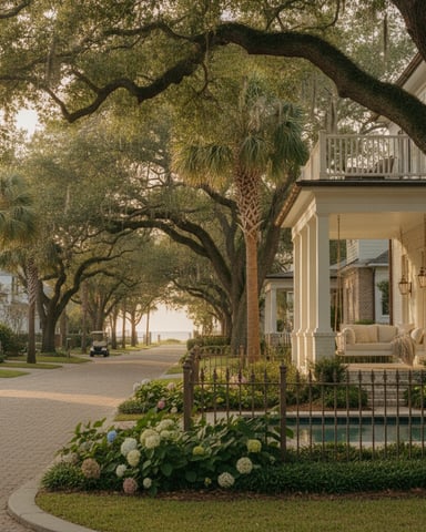 Tree-lined street with white brick house, front porch with seating, hydrangeas, and palm trees overhead