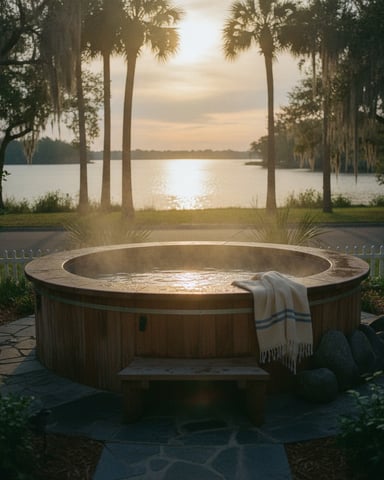 Wooden hot tub on patio overlooking lake with palm trees and Spanish moss at sunset