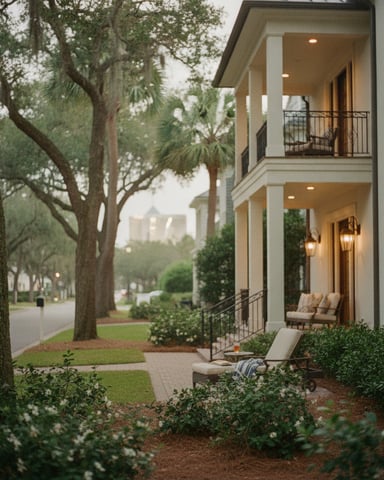 Modern two-story house with covered porches, lounge chairs, and landscaped garden beneath large oak trees.