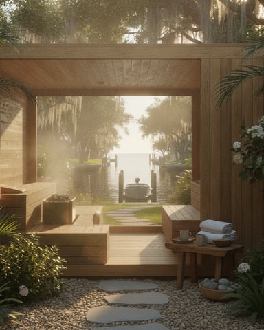 Wooden spa pavilion with open view to waterway lined with cypress trees, potted plants, towels, and stepping stones