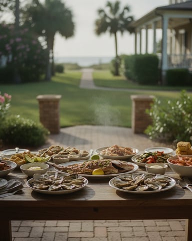 Outdoor dining table with seafood spread overlooking manicured lawn, palm trees, and waterfront cottage