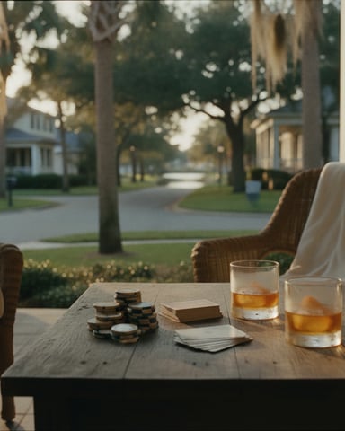 Porch with wicker chairs, wooden table with drinks and coasters, tree-lined street view beyond