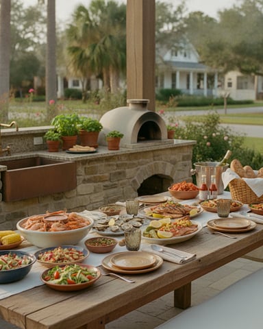 Outdoor kitchen and dining area with pizza oven, stone counters, and table set with seafood and salads, colonial homes visible beyond.