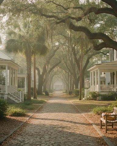 Tree-lined avenue with white cottages, Spanish moss, and wooden chairs along a gravel path