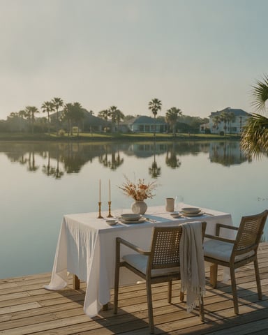 Waterfront dining table set on wooden dock overlooking calm lagoon with palm trees and residential homes