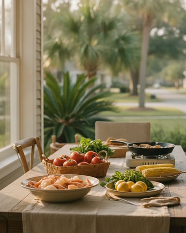 Dining table with fresh produce and seafood near windows overlooking palm trees and tropical street