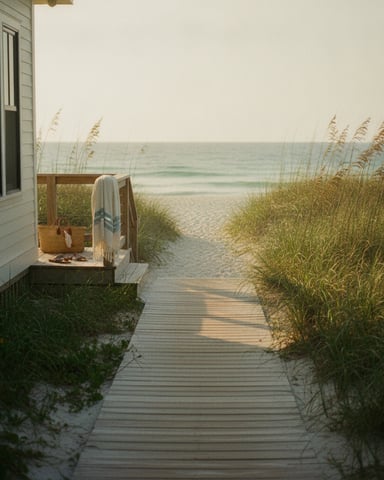 Beachfront cottage with wooden boardwalk leading to sandy beach and ocean, dune grasses and sea oats visible