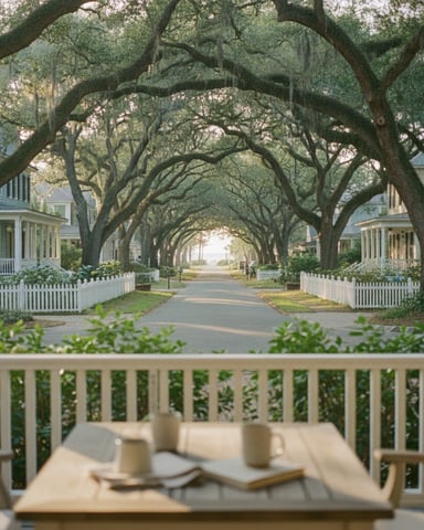 View from porch of tree-lined street with white colonial homes and picket fences