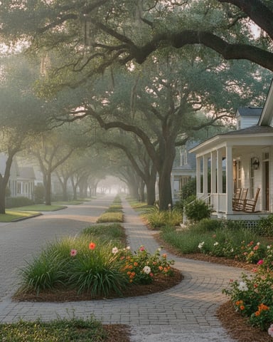 Tree-lined residential street with white cottage, columned porch, flowering gardens, and brick pathway at dawn.