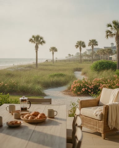 Beachfront patio with wicker chair, table set with coffee and pastries, overlooking dunes, palm trees, and coastal home.