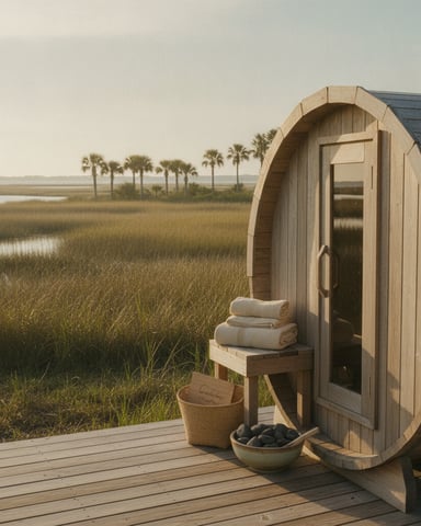 Wooden barrel sauna on deck overlooking salt marsh with palm trees and water in distance