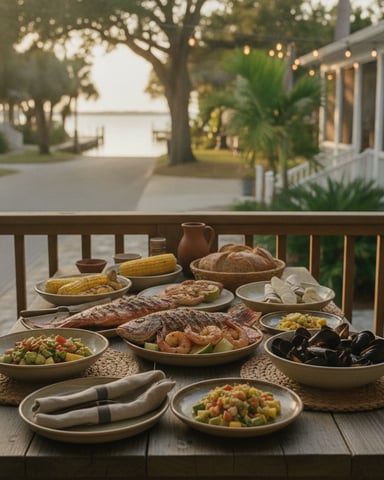 Outdoor dining table with seafood, grilled fish, corn, bread, and salads overlooking waterfront homes at dusk.