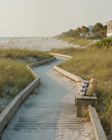 Wooden boardwalk through dune grasses leading to beach, with straw hat and blanket on bench, coastal house visible in distance