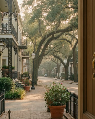 Tree-lined brick courtyard with historic townhouses, ornate iron railings, and potted plants