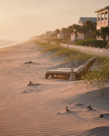 Beachfront homes with wooden deck chairs on sandy beach at sunset, dune grass and white fence visible