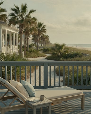 Beachfront deck with lounge chair, coffee cup, and railing overlooking palm trees, sandy beach, and ocean