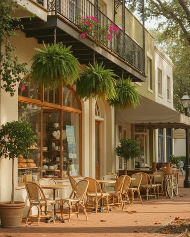 Outdoor café seating with wicker chairs along a tree-lined street, historic buildings with balconies and hanging pink flowers