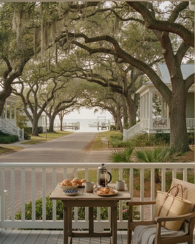 Front porch with wicker chair and small table overlooking tree-lined driveway with white cottages and waterfront view