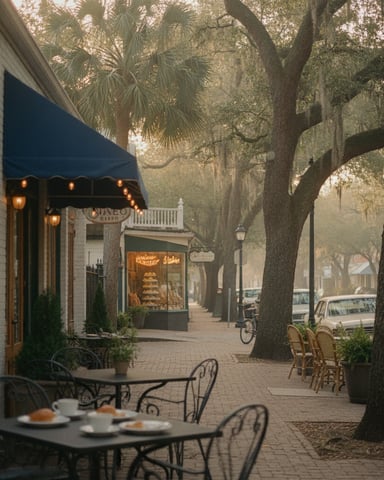 Tree-lined brick courtyard with outdoor café seating, historic storefronts, and Spanish moss hanging from large oak trees