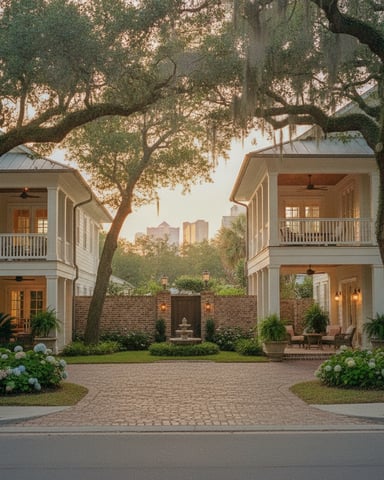 Two white colonial-style houses with brick courtyard, mature oak trees with Spanish moss, and hydrangea flowers at dusk.