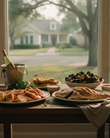 Windowsill spread of seafood and bread with wine bucket overlooking tree-lined residential street