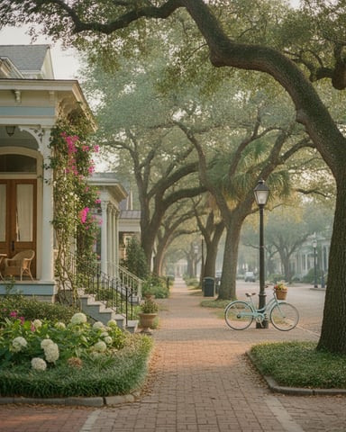 Tree-lined brick street with historic homes, magenta bougainvillea, and bicycle parked under lamp post