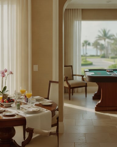 Elegant dining room with set table and pink orchids, opening to recreation room with pool table and tropical courtyard view.