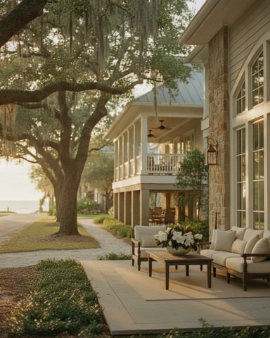Waterfront home with stone exterior, covered porch, outdoor seating, and large oak tree with Spanish moss