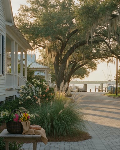Waterfront cottage with white porch, flowering plants, and brick driveway lined with oak trees draped in Spanish moss, boat dock visible across the water.