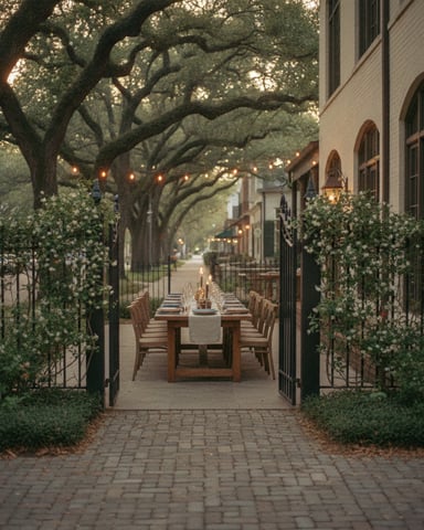 Brick courtyard with long dining table under arching oak trees and flowering vines, cream-colored building with arched windows on right