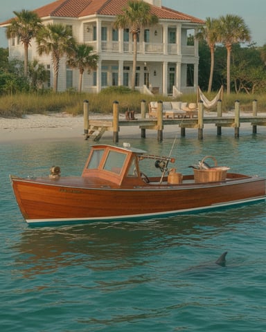 Wooden fishing boat anchored in shallow water with two-story beachfront house, wooden dock, and palm trees in background.