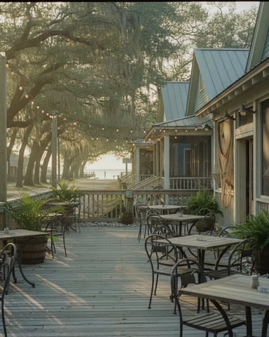 Waterfront cottages with metal roofs and wraparound porches, wooden deck with dining tables, mature oak trees with Spanish moss, string lights overhead.