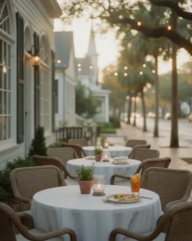 Outdoor dining patio at dusk with wicker chairs, white tablecloths, and string lights along tree-lined street