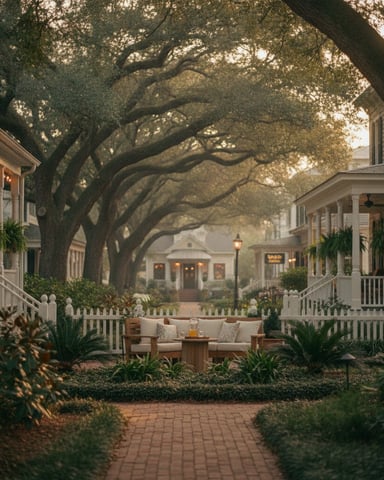 Tree-lined courtyard with seating area between two colonial-style houses with white porches and palm plants