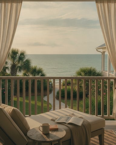 Oceanfront balcony with cream curtains, lounge chair, and view of palm trees and calm sea