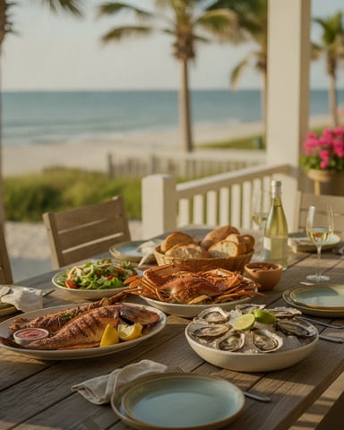 Beachfront dining table with grilled fish, oysters, bread, and wine overlooking ocean and palm trees