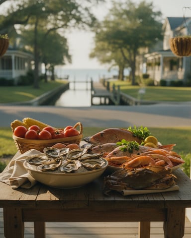 Wooden table with fresh oysters, crabs, fish, tomatoes, and bread overlooking waterfront homes and trees