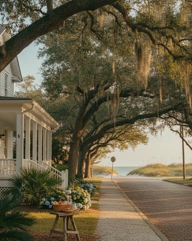 Coastal cottage with white porch beneath sprawling oak trees draped in Spanish moss, overlooking beach and water