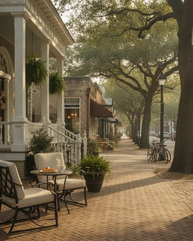 Tree-lined brick street with white columned house, seating area, and historic buildings in background