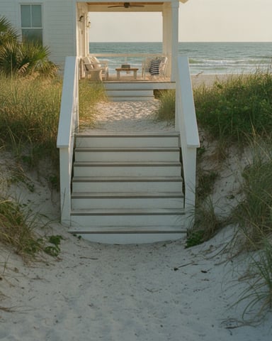 Wooden boardwalk stairs descending through beach dunes to oceanfront house with covered porch and Adirondack chairs.