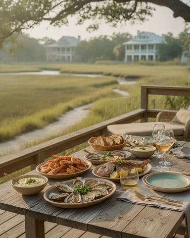 Outdoor dining table with seafood and wine overlooking marshland and colonial-style houses