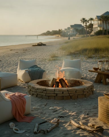 Beach bonfire setup with white seating, fire pit, and coastal homes with palm trees in background