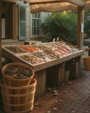 Outdoor seafood display with fresh fish and crustaceans on ice under a tan awning, wooden baskets in foreground.