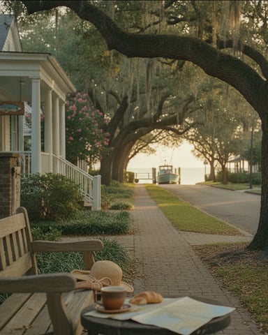 Tree-lined street with colonial house, bench in foreground, and water view through oak canopy