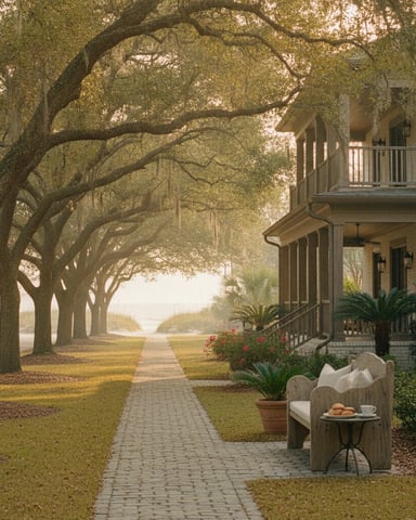 Two-story house with brick porch and balcony beside tree-lined brick pathway leading to water view