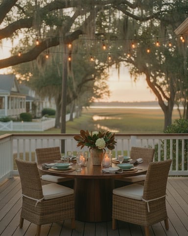 Covered porch with round dining table, wicker chairs, and string lights under moss-draped oak trees overlooking water.