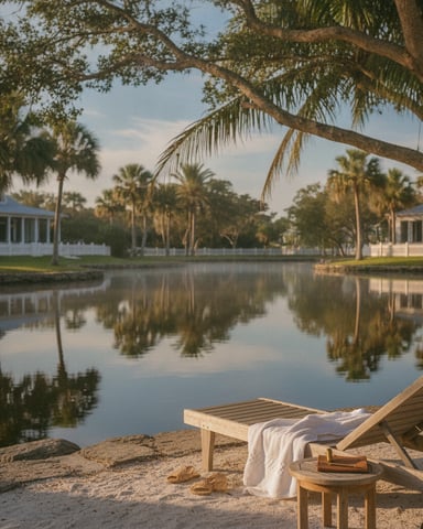 Wooden lounge chairs on sandy beach overlooking calm canal with palm trees and white houses reflected in water