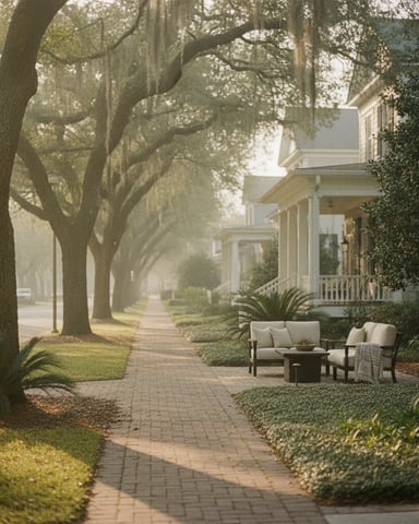 Tree-lined brick pathway with white colonial house, front porch seating, and ivy-covered walls