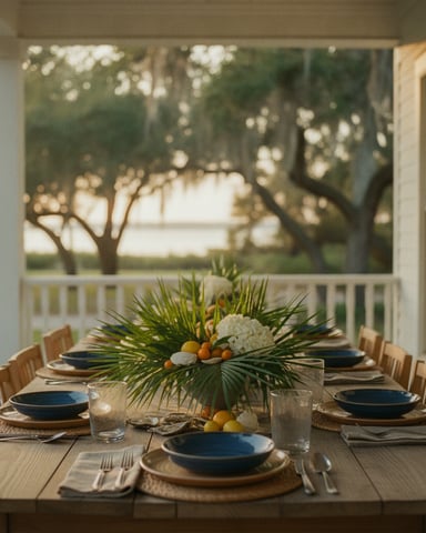 Covered porch dining table set with blue plates, tropical centerpiece, and water view beyond railing.