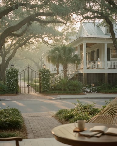 White farmhouse with metal roof and wraparound porch beneath sprawling oak trees, wrought-iron gate and bicycle visible in driveway.